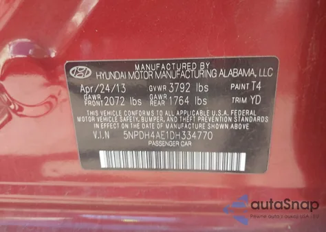 2013 Hyundai Elantra Gls z USA, uszkodzony, nr VIN 5NPDH4AE1DH334770